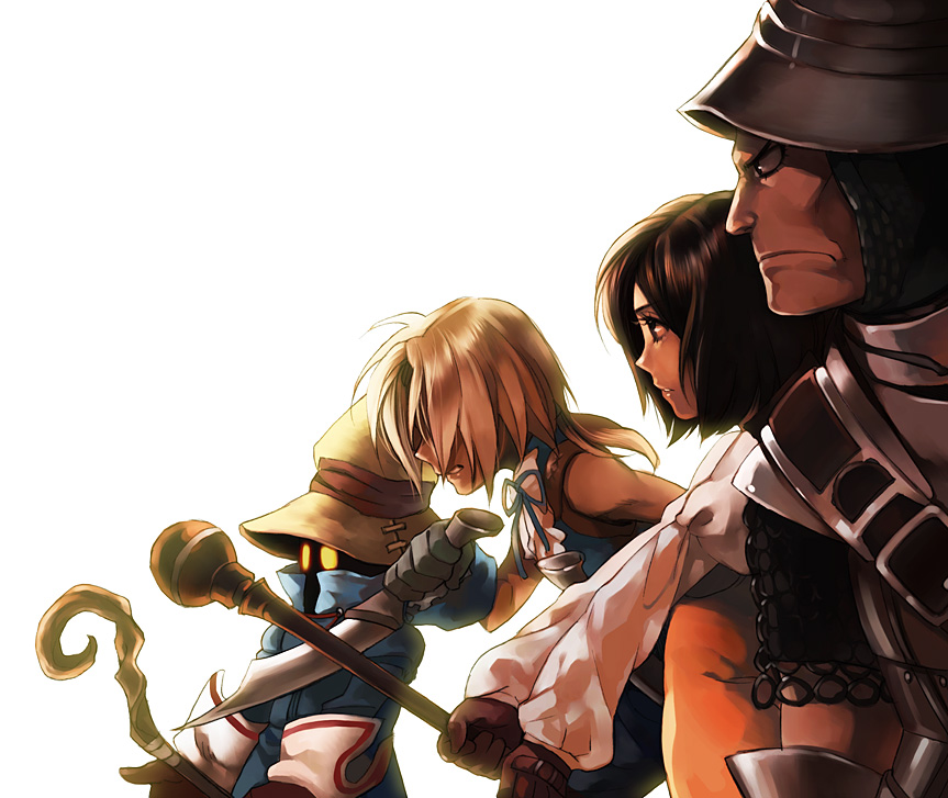 ariko, adelbert steiner, garnet til alexandros xvii, vivi ornitier, zidane tribal, final fantasy, final fantasy ix, 00s, 3boys, armor, blonde hair, brown eyes, brown hair, dual wielding, gloves, hat, holding, male focus, multiple boys, short hair, sword, weapon