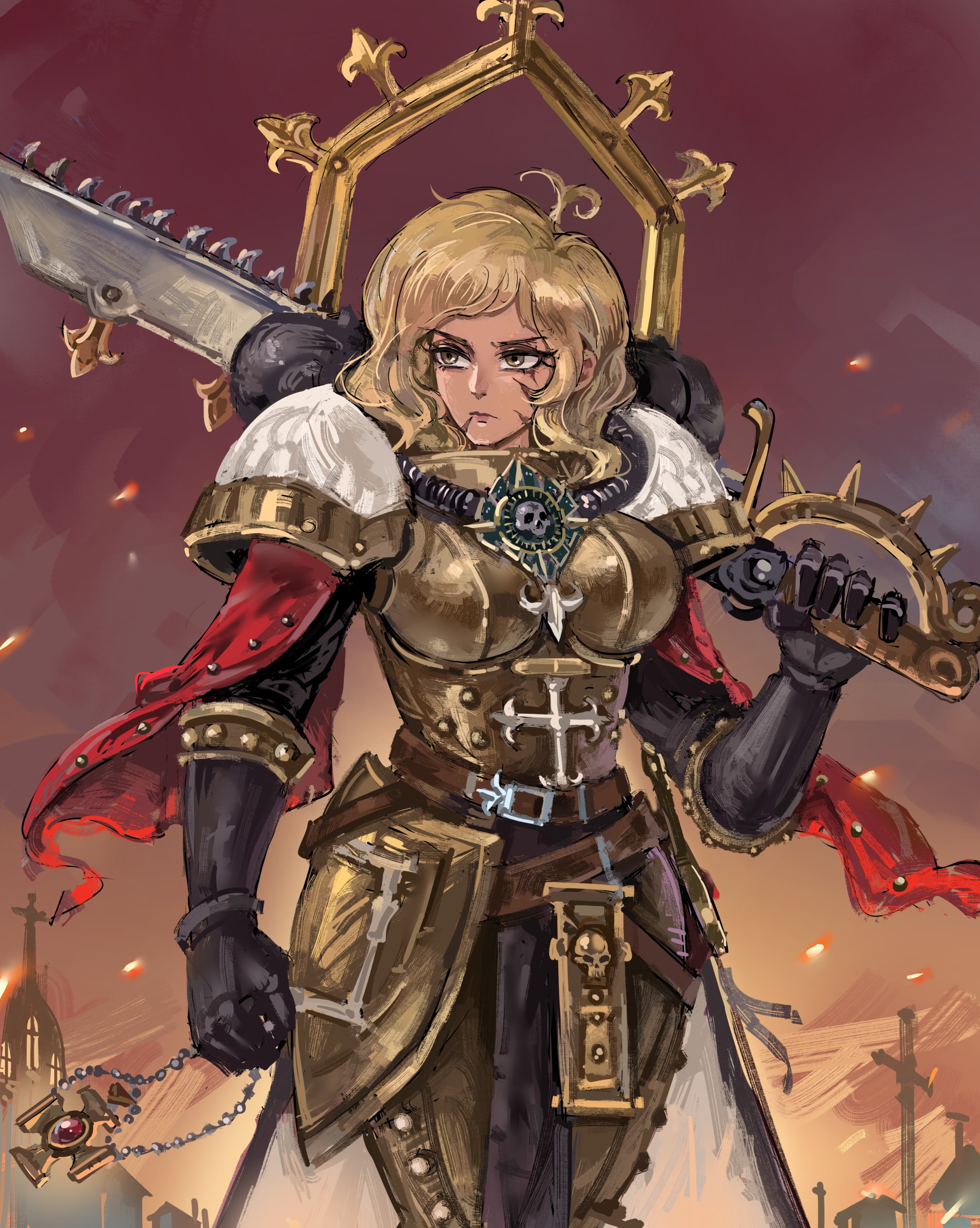 adepta sororitas, coco schoppenboer, ongezellig, warhammer 40k, absurdres, highres, 1girl, armor, belt, blonde hair, breasts, chainsword, cross, crossover, fleur-de-lis, holding, holding jewelry, holding necklace, holding weapon, jewelry, looking at viewer, medium breasts, medium hair, necklace, pauldrons, power armor, scar, shoulder armor, skull, solo, the devil chewing gum, waist cape, weapon, yellow eyes