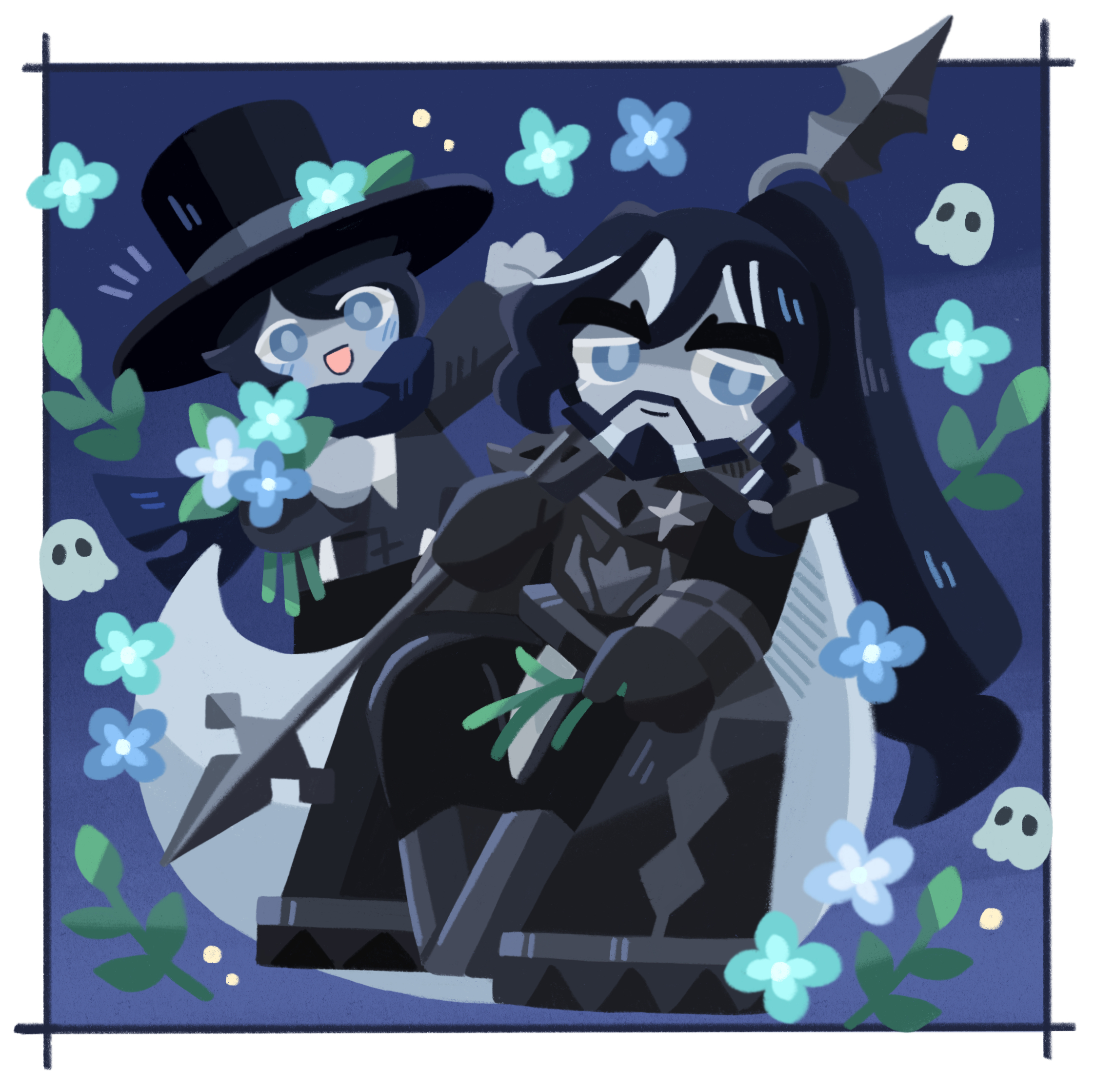 cookie run, cookie run: kingdom, highres, 2boys, abandoned cookie, ancestor and descendant, beard, black hair, blue eyes, blue fire, charcoal cookie, colored eyelashes, facial hair, fire, flower, ghost, male focus, multiple boys, pearlk0326, ponytail, sitting