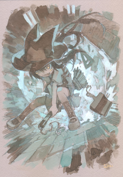 konno takashi (frontier pub), original, traditional media, 1girl, black hair, broom, broom riding, fang, female focus, flying, hat, long hair, skirt, solo, witch, witch hat