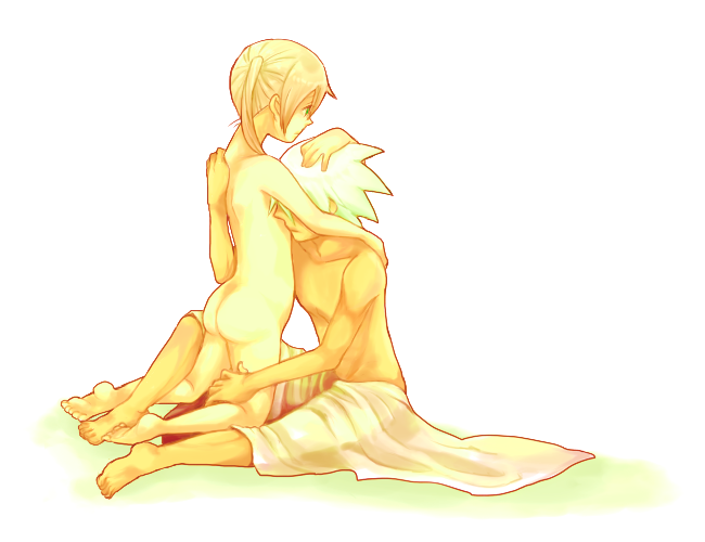 shirou (pixiv174995), shirou (vista), maka albarn, soul evans, soul eater, silver hair, bad id, bad pixiv id, 00s, 1boy, 1girl, ass, bad anatomy, bad proportions, barefoot, couple, feet, green eyes, hand on another's head, hetero, nude, poorly drawn, short hair