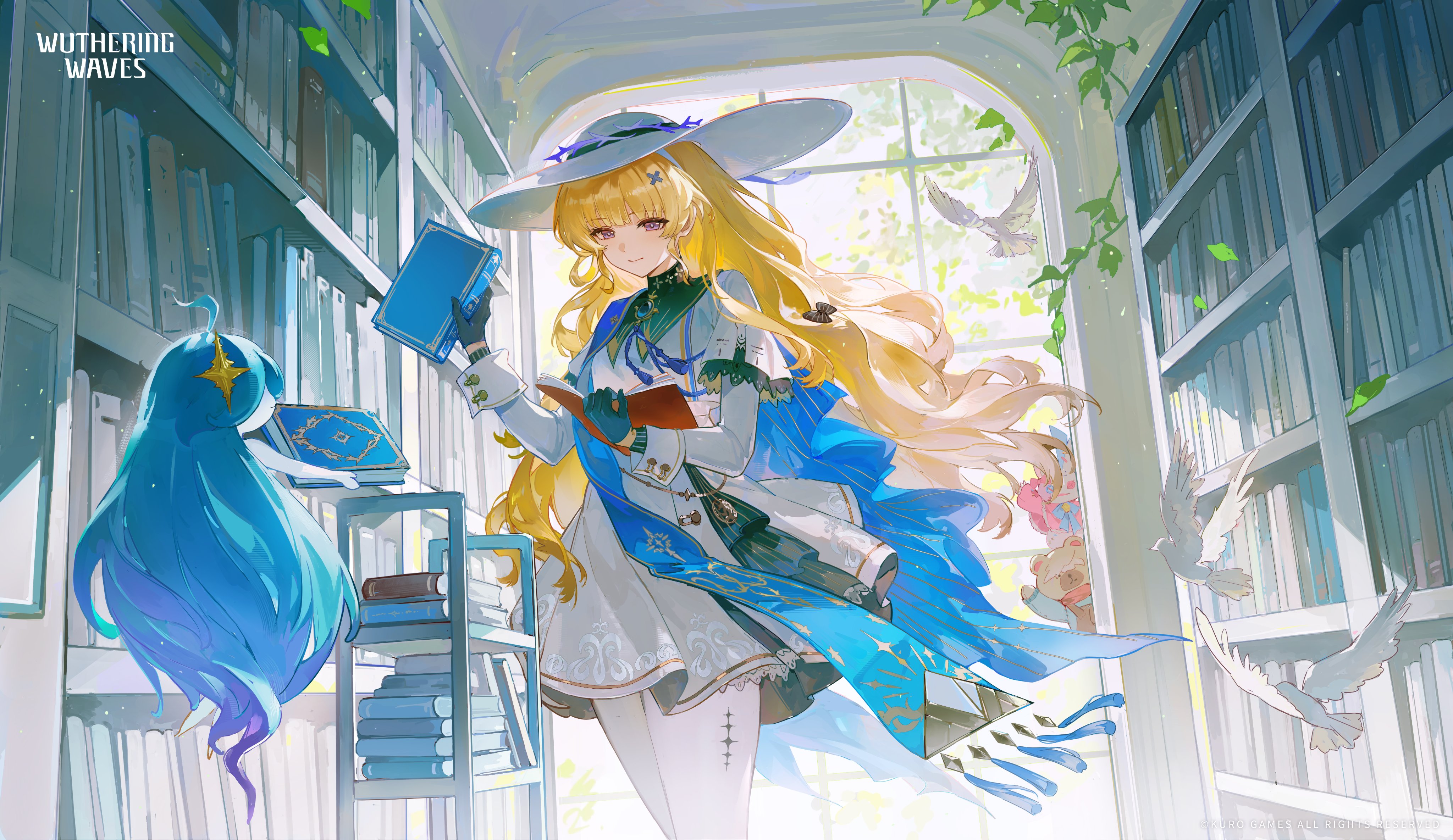 phoebe (wuthering waves), wuthering waves, absurdres, commentary, english commentary, highres, official art, 1girl, bird, black gloves, blonde hair, blue sash, book, book stack, bookshelf, breasts, closed mouth, diggy duggy (wuthering waves), gloves, hair ornament, hat, holding, holding book, indoors, library, long hair, long sleeves, lottie turner, medium breasts, nimbus wraith (wuthering waves), pantyhose, purple eyes, sash, shirt, skirt, smile, solo, tacet discord (wuthering waves), tacet mark (wuthering waves), very long hair, white bird, white hat, white pantyhose, white shirt, white skirt, x hair ornament