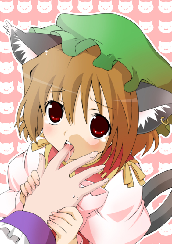 akagiakemi, chen, yakumo ran, touhou, 1girl, animal ears, brown hair, cat ears, cat girl, cat tail, earrings, female focus, hat, jewelry, licking, licking finger, multiple tails, red eyes, short hair, solo focus, tail