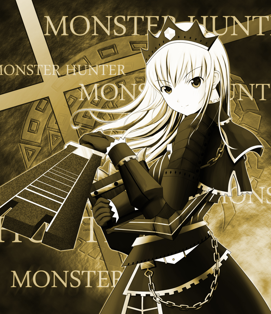 mikata, capcom, monster hunter (series), character request, 1girl, armor, beret, black eyes, cross, english text, female focus, gun, hat, holding, holding gun, holding weapon, long hair, looking at viewer, solo, text focus, very long hair, weapon, white hair