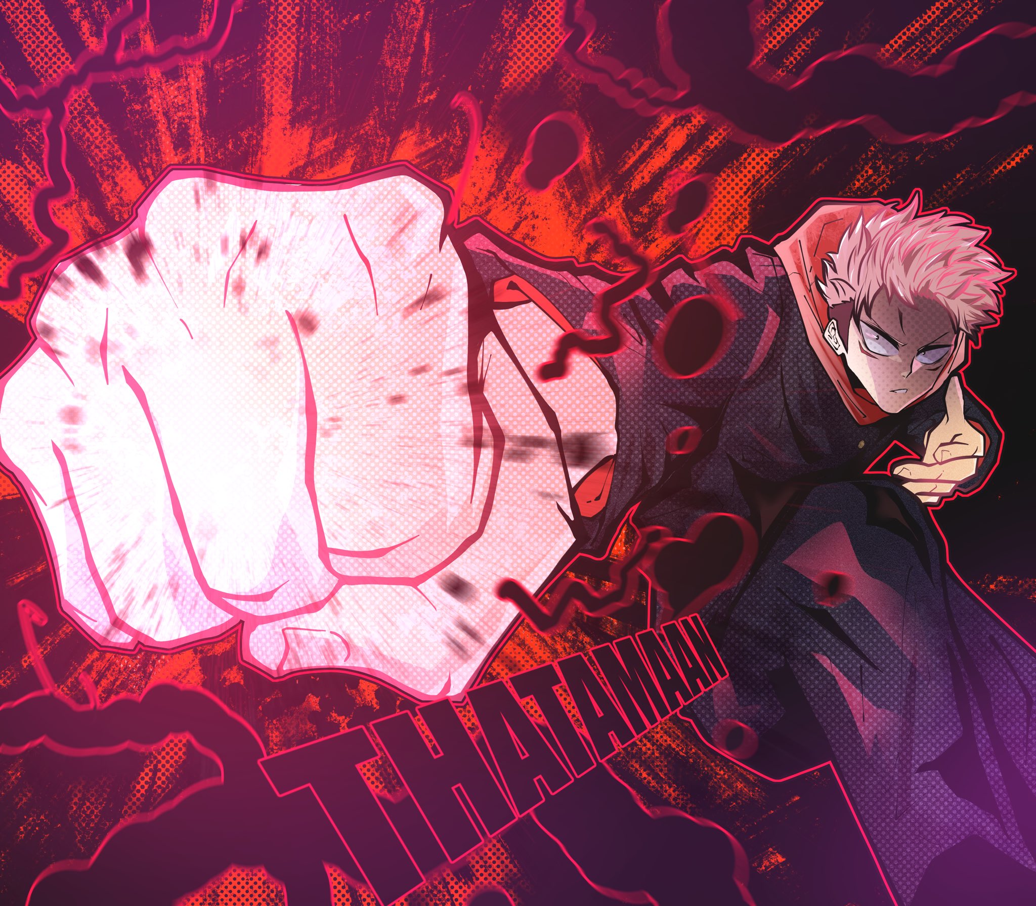 thatamaan, itadori yuuji, jujutsu kaisen, highres, 1boy, artist name, black flash (jujutsu kaisen), facial mark, hood, hood down, hoodie, incoming attack, jujutsu tech uniform, parted lips, pink hair, school uniform, solo, undercut
