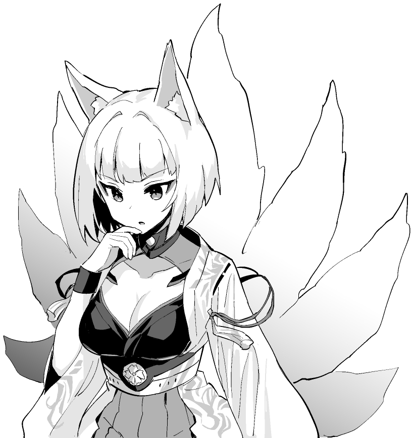hori (hori no su), kaga (azur lane), azur lane, azur lane: slow ahead, commentary, official art, 1girl, animal ear fluff, animal ears, breasts, cleavage, dot nose, eyeshadow, finger to own chin, fox ears, fox girl, fox tail, greyscale, japanese clothes, large breasts, makeup, monochrome, multiple tails, pleated skirt, sakuramon, short hair, simple background, skirt, solo, tail, white background
