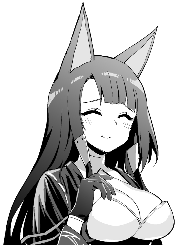 hori (hori no su), akagi (azur lane), azur lane, azur lane: slow ahead, commentary, official art, 1girl, animal ears, blush, breasts, cleavage, closed eyes, dot nose, eyeliner, fox ears, fox girl, fox tail, gloves, greyscale, hair ornament, hand on own chest, japanese clothes, large breasts, long hair, makeup, monochrome, partially fingerless gloves, simple background, smile, solo, tail, white background