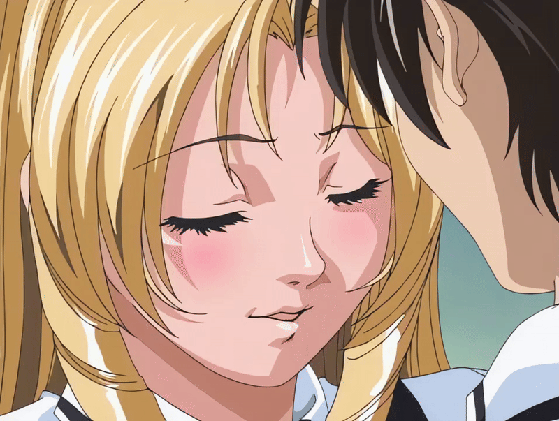 minase taki, shiraki rika, bible black, bible black night of the walpulgiss, animated, animated gif, tagme, 1boy, 1girl, 2001, blonde hair, blush, closed eyes, drill hair, drill sidelocks, implied fingering, long hair, necktie, red necktie, school uniform, sidelocks, suspenders