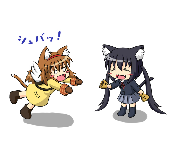 yunkaasu (kakushiaji), nakano azusa, tsukimiya ayu, k-on!, kanon, 00s, 2girls, animal ears, backpack, bag, black hair, brown hair, cat ears, cat tail, chibi, closed eyes, crossover, fang, feeding, food, mittens, multiple girls, o o, outstretched arm, outstretched arms, outstretched hand, randoseru, reaching, school uniform, sharing, short hair, tail, taiyaki, twintails, wagashi, wings