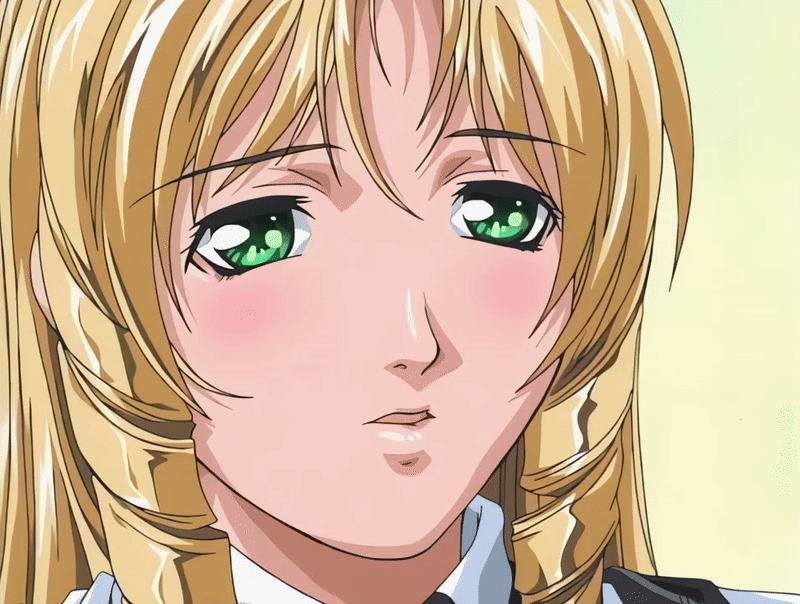 shiraki rika, bible black, bible black night of the walpulgiss, animated, animated gif, tagme, 00s, 1girl, 2001, blonde hair, blush, drill hair, drill sidelocks, green eyes, long hair, school uniform, shirt, sidelocks, solo, suspenders