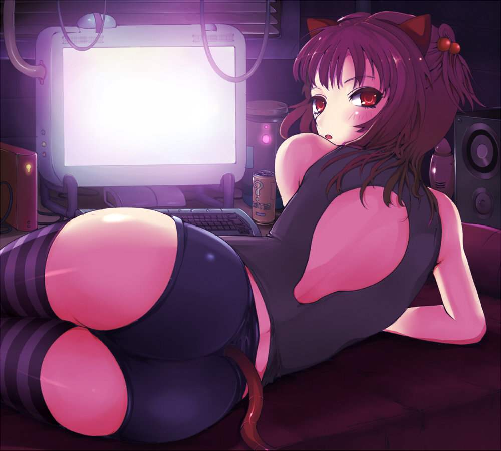 kasai shin, original, bad id, bad pixiv id, 1girl, animal ears, ass, back, bare shoulders, brown hair, can, cat ears, cat tail, computer, computer keyboard, female focus, long hair, looking back, lying, on side, red eyes, short shorts, shorts, solo, speaker, striped clothes, striped thighhighs, tail, thighhighs