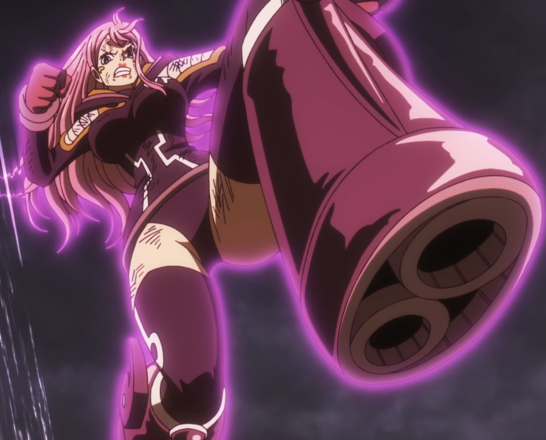 jewelry bonney, jewelry bonney (egghead), one piece, toei company, anime screenshot, stitched, third-party edit, 1girl, aura, boots, breasts, clenched hands, curvy, jumping, large breasts, leotard, lipstick, long hair, makeup, pink hair, purple leotard, red lips, red thighhighs, ryona, sky, solo, teeth, thighhighs, wide hips