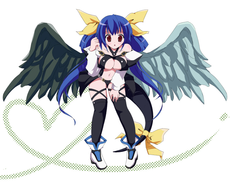 dizzy (guilty gear), arc system works, guilty gear, bad id, bad pixiv id, 1girl, asymmetrical wings, blue hair, breasts, female focus, red eyes, ribbon, solo, tail, tail ornament, tail ribbon, thighhighs, wings