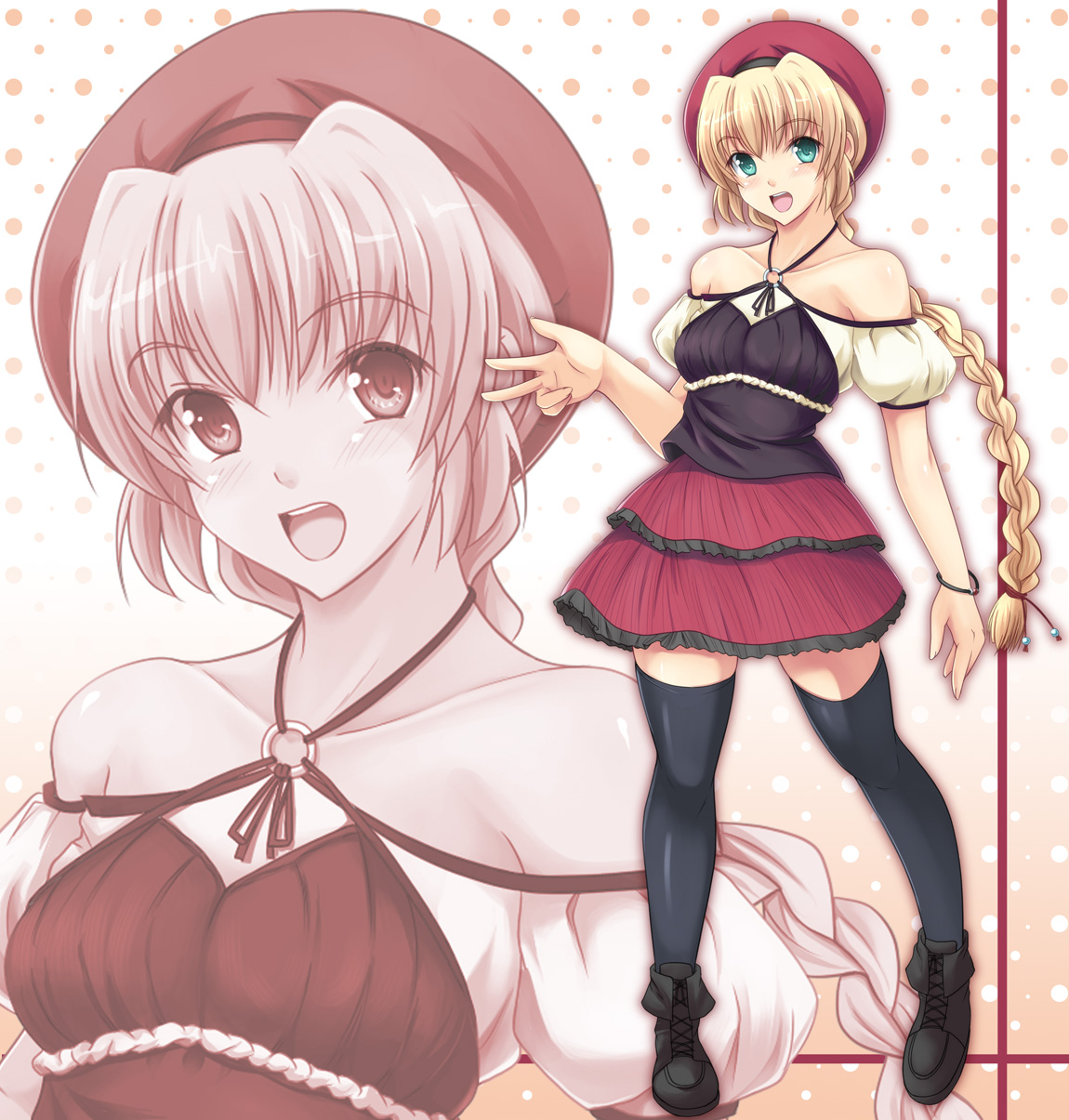 fujimori mikan, original, black footwear, bad id, bad pixiv id, highres, 1girl, aqua eyes, arm at side, bare shoulders, beret, black thighhighs, blonde hair, blush, bracelet, braid, braided ponytail, criss-cross halter, eyebrows hidden by hair, female focus, full body, gradient background, hair between eyes, halterneck, hand up, happy, hat, jewelry, long hair, looking at viewer, miniskirt, neck, o-ring, open mouth, ponytail, red hat, red skirt, single braid, skirt, smile, solo, standing, teeth, thighhighs, upper teeth only, v, very long hair, zettai ryouiki, zoom layer