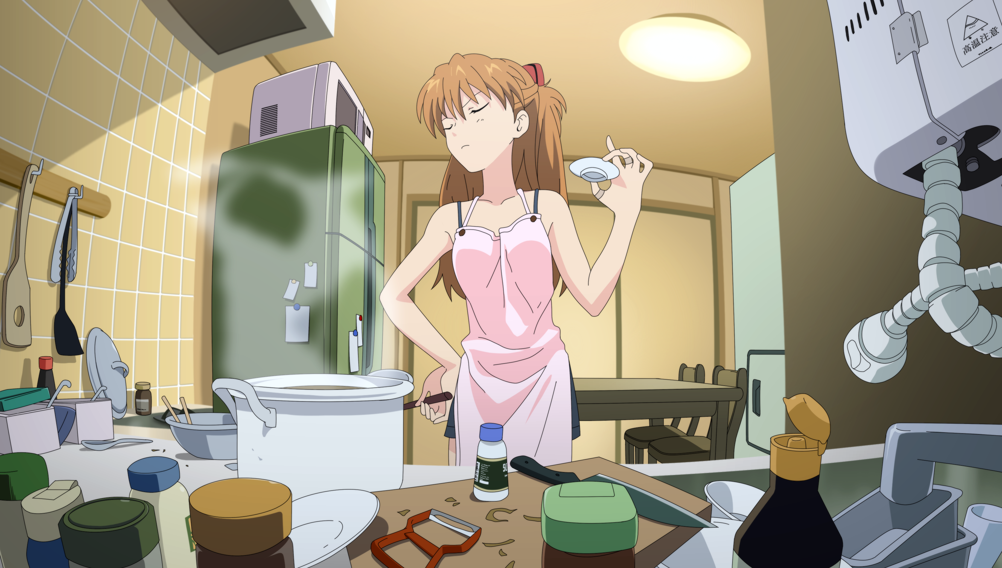 toshi (anime coloring), souryuu asuka langley, evangelion: 2.0 you can (not) advance, neon genesis evangelion, rebuild of evangelion, absurdres, derivative work, highres, vector trace, 00s, 1girl, apron, blue eyes, brown hair, cooking, female focus, indoors, long hair, slice of life, solo