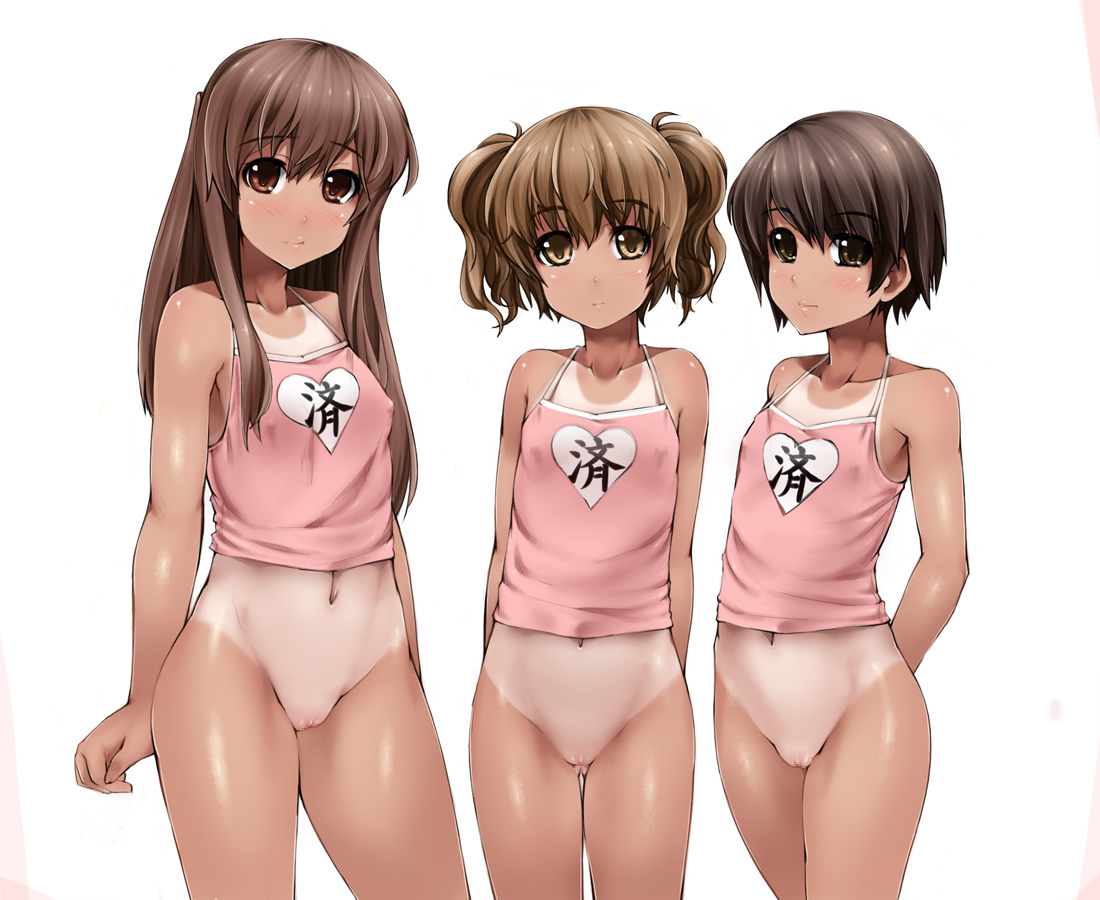 abubu, original, 3girls, age difference, arms behind back, bare shoulders, black hair, blush, bottomless, breasts, brown eyes, brown hair, camisole, camisole writing, casual, clothes writing, covered erect nipples, cowboy shot, flat chest, heart, heart print, lineup, loli, long hair, multiple girls, navel, no panties, one-piece tan, orange eyes, pink camisole, print camisole, pussy, red camisole, red eyes, shirt writing, short hair, short twintails, simple background, small breasts, smile, standing, tan, tank top, tanline, thigh gap, twintails, uncensored, wavy hair, white background