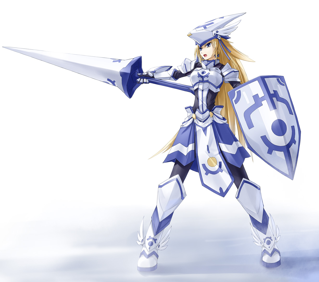 tomo (machinemess), seal online, bad id, bad pixiv id, 1girl, armor, armored dress, blonde hair, blue eyes, dress, earrings, helmet, jewelry, lance, long hair, polearm, shield, spear, valkyrie, very long hair, weapon
