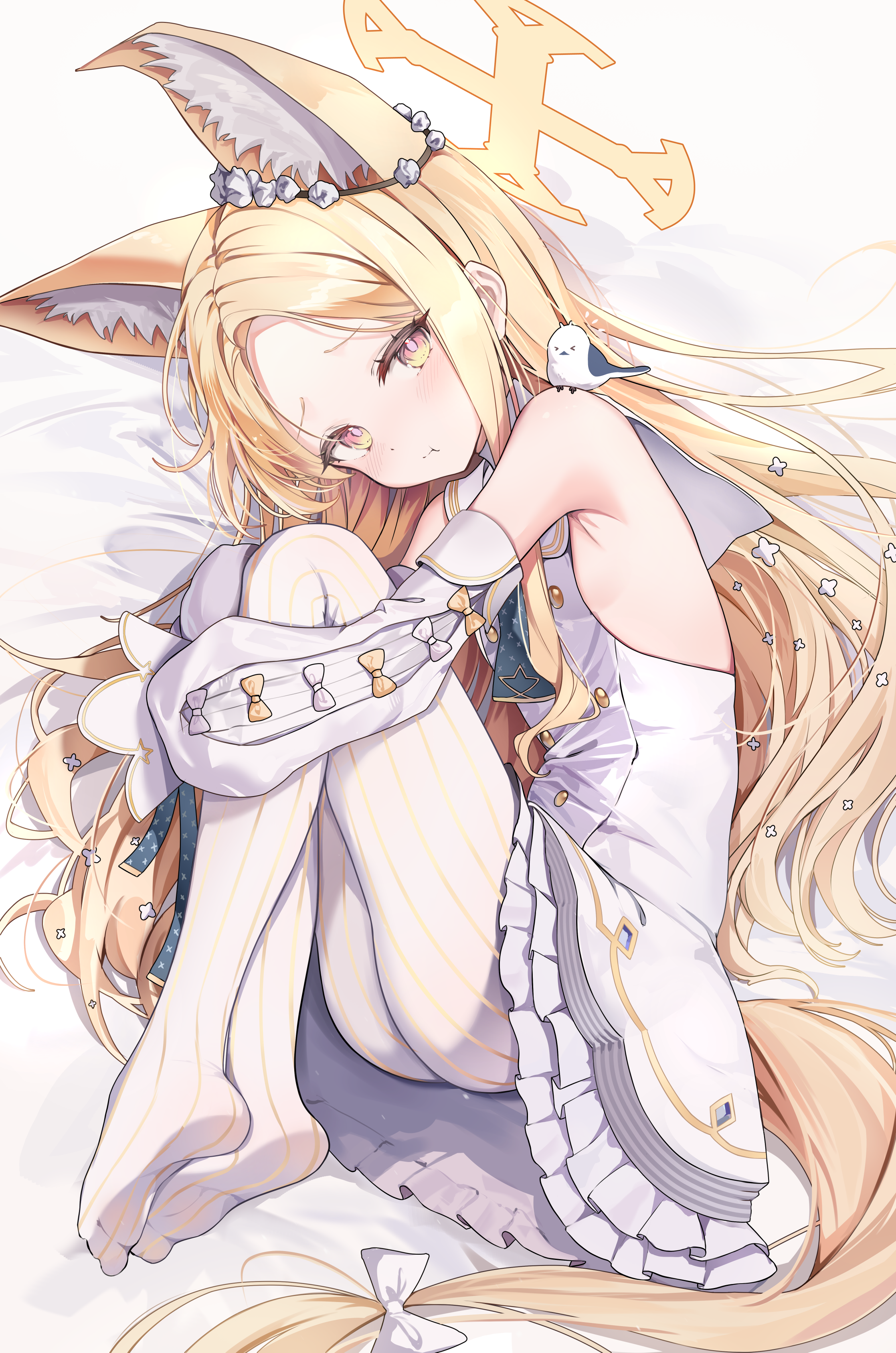mojo (mojoawa), seia (blue archive), blue archive, absurdres, commentary, highres, revision, 1girl, :t, animal, animal ear fluff, animal ears, animal on shoulder, bird, bird on shoulder, blonde hair, bow, closed mouth, detached sleeves, dress, extra ears, fox ears, fox girl, fox tail, frilled dress, frills, halo, hugging own legs, long hair, looking at viewer, lying, no shoes, on side, pantyhose, pinstripe pantyhose, pinstripe pattern, sleeveless, sleeveless dress, solo, striped clothes, striped pantyhose, tail, vertical-striped clothes, vertical-striped pantyhose, white bow, white dress, white pantyhose, white sleeves, yellow halo