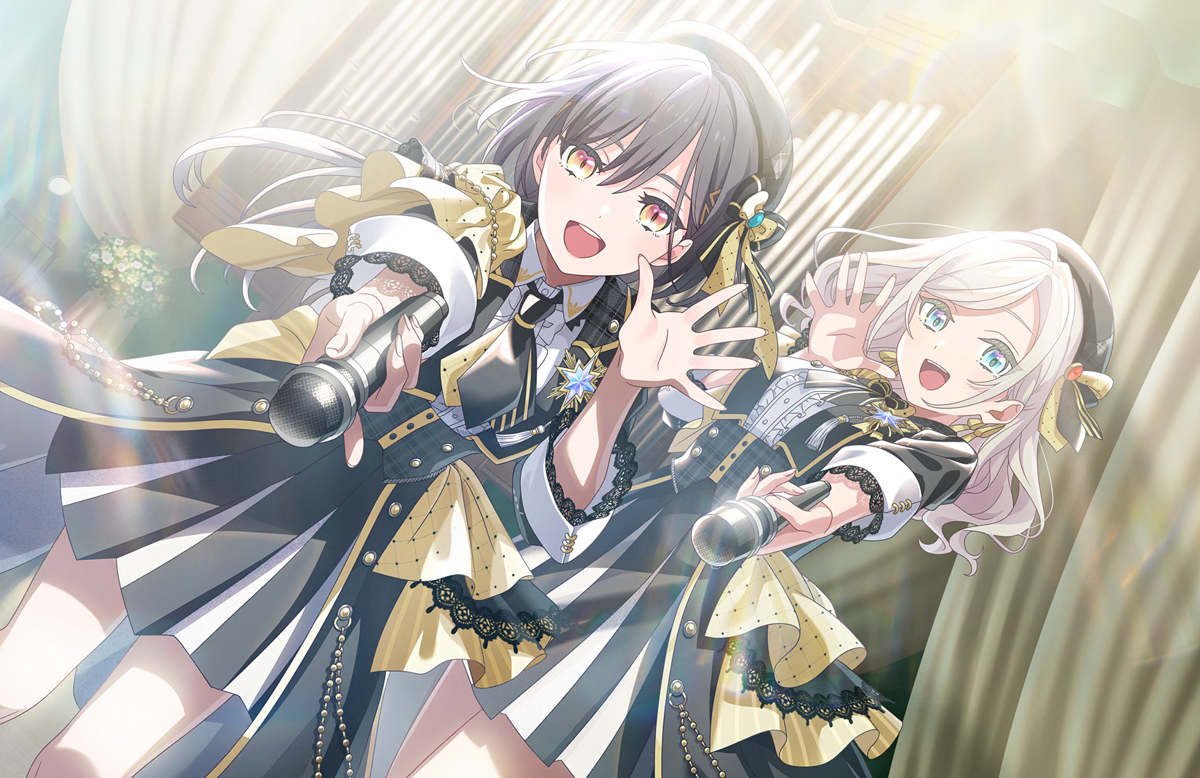 ceras yanagida lilienfeld, katsuragi izumi, link! like! love live!, love live!, game cg, highres, non-web source, official art, 2girls, :d, beret, black bow, black bowtie, black hair, black hat, black jacket, black necktie, black skirt, bow, bowtie, center frills, collared shirt, cowboy shot, dutch angle, edel note, frills, grey hair, hat, in-universe location, jacket, layered necktie, long hair, looking at viewer, microphone, miniskirt, multiple girls, necktie, open clothes, open hand, open jacket, open mouth, orange eyes, plaid hat, pleated skirt, shirt, short necktie, skirt, smile, striped clothes, teeth, theater ikizama, upper teeth only, vertical-striped clothes, vertical-striped necktie, virtual youtuber, waving, white shirt, yellow bow, yellow bowtie, yellow necktie