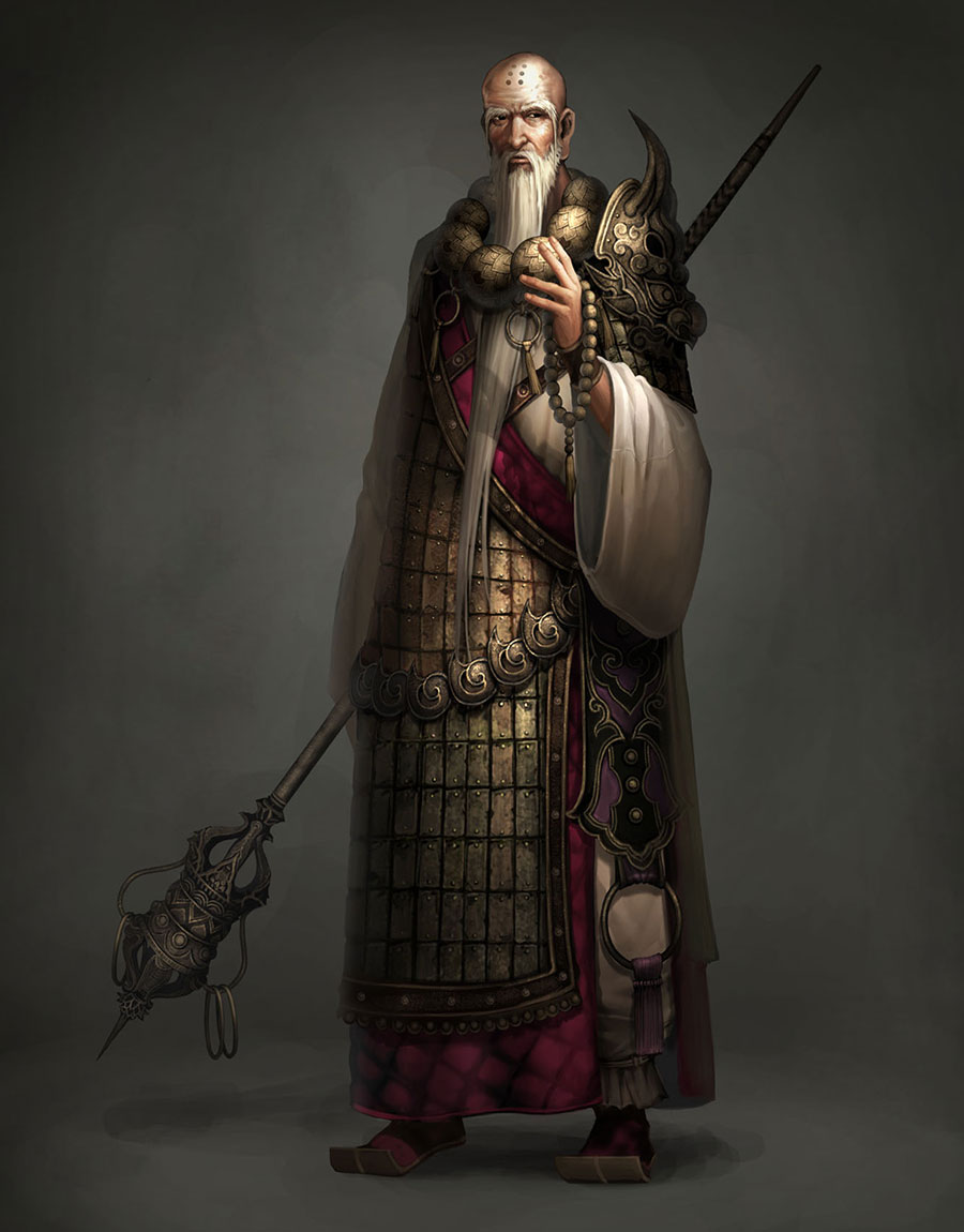 dharma, atlantica online, 1boy, armor, bald, beads, beard, facial hair, male focus, monk, old, old man, prayer beads, rosary, solo, staff