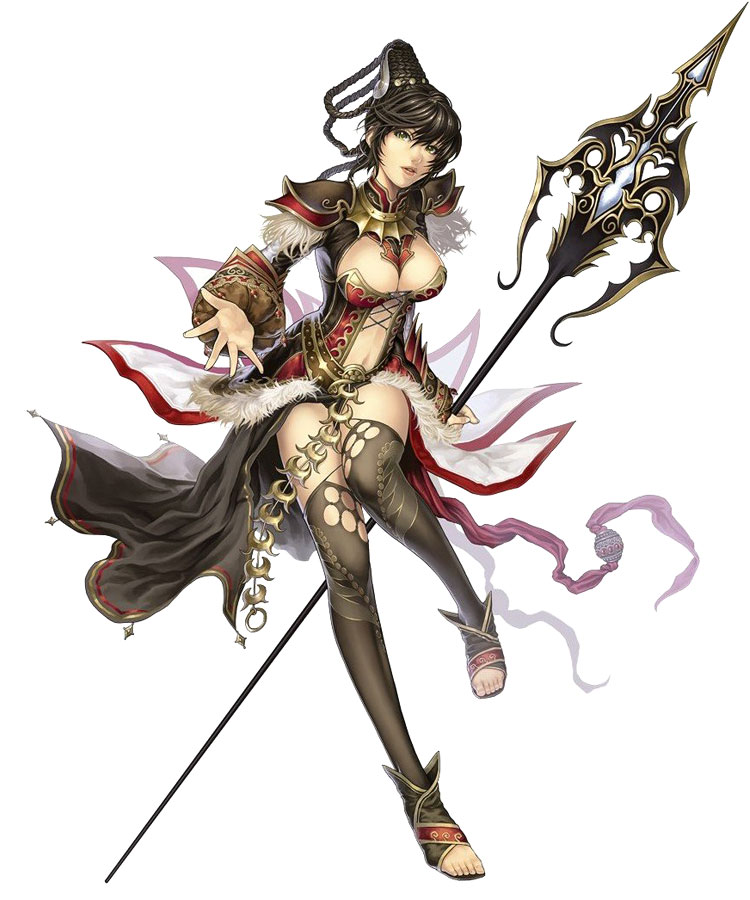 atlantica online, fur, alternate hairstyle, armor, black hair, black thighhighs, braid, breasts, cleavage, green eyes, long hair, midriff, polearm, solo, spear, staff, thighhighs, toeless legwear, weapon