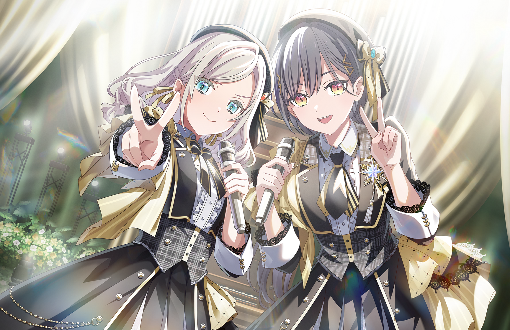 ceras yanagida lilienfeld, katsuragi izumi, link! like! love live!, love live!, game cg, highres, non-web source, official art, >:), 2girls, :d, black bow, black bowtie, black hair, black jacket, black necktie, black skirt, bow, bowtie, center frills, closed mouth, collared shirt, cowboy shot, dutch angle, edel note, frills, hair ornament, holding, holding microphone, in-universe location, jacket, layered necktie, looking at viewer, microphone, multiple girls, necktie, open clothes, open jacket, open mouth, orange eyes, pleated skirt, shirt, short necktie, skirt, slit pupils, smile, striped clothes, teeth, theater ikizama, three-quarter sleeves, triangle hair ornament, upper teeth only, v, v-shaped eyebrows, vertical-striped clothes, vertical-striped necktie, virtual youtuber, white shirt, yellow bow, yellow bowtie, yellow necktie