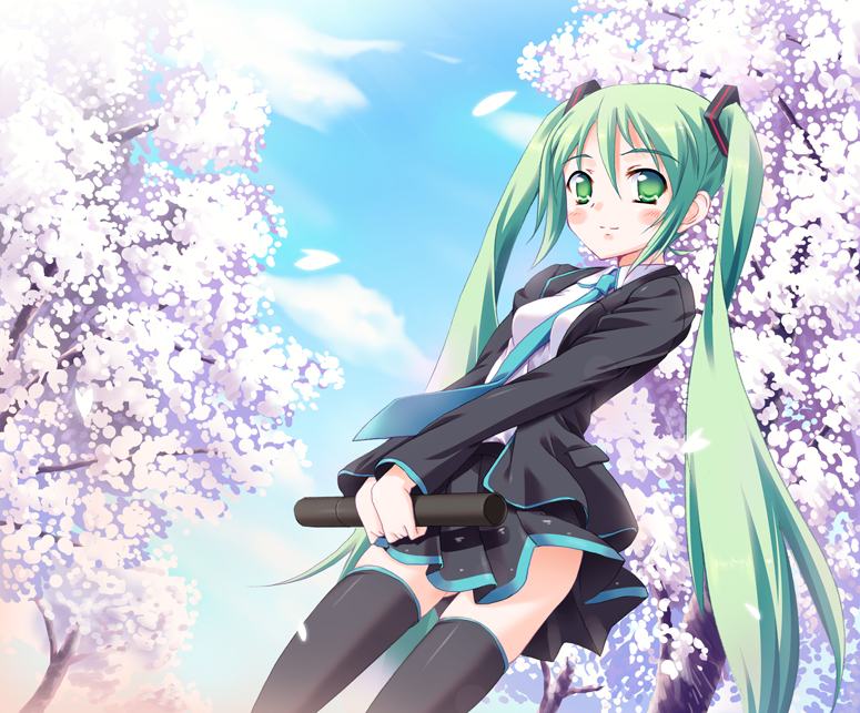 yuurei yashiki, hatsune miku, vocaloid, blush, cherry blossoms, graduation, green eyes, green hair, long hair, necktie, petals, school uniform, skirt, solo, thighhighs, twintails, very long hair, zettai ryouiki