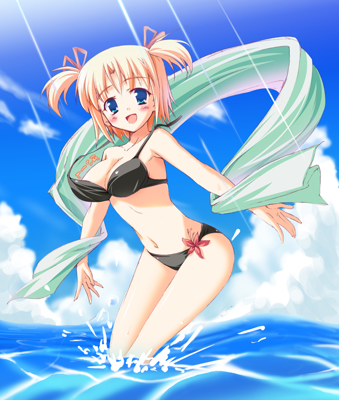 yuurei yashiki, original, bad id, bad pixiv id, 1girl, bikini, black bikini, blonde hair, blue eyes, blush, day, female focus, flower, short twintails, solo, swimsuit, twintails, wading, wardrobe malfunction, water