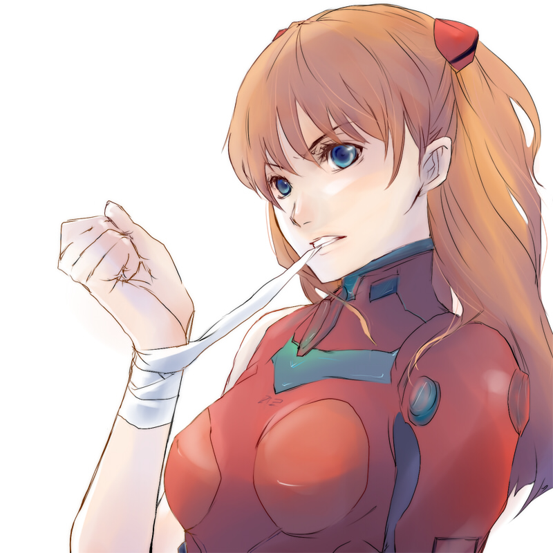 koshi00x, souryuu asuka langley, evangelion: 2.0 you can (not) advance, neon genesis evangelion, rebuild of evangelion, 00s, 1girl, bandages, blue eyes, brown hair, female focus, long hair, mecha pilot suit, mouth hold, plugsuit (evangelion), red hair, solo, upper body