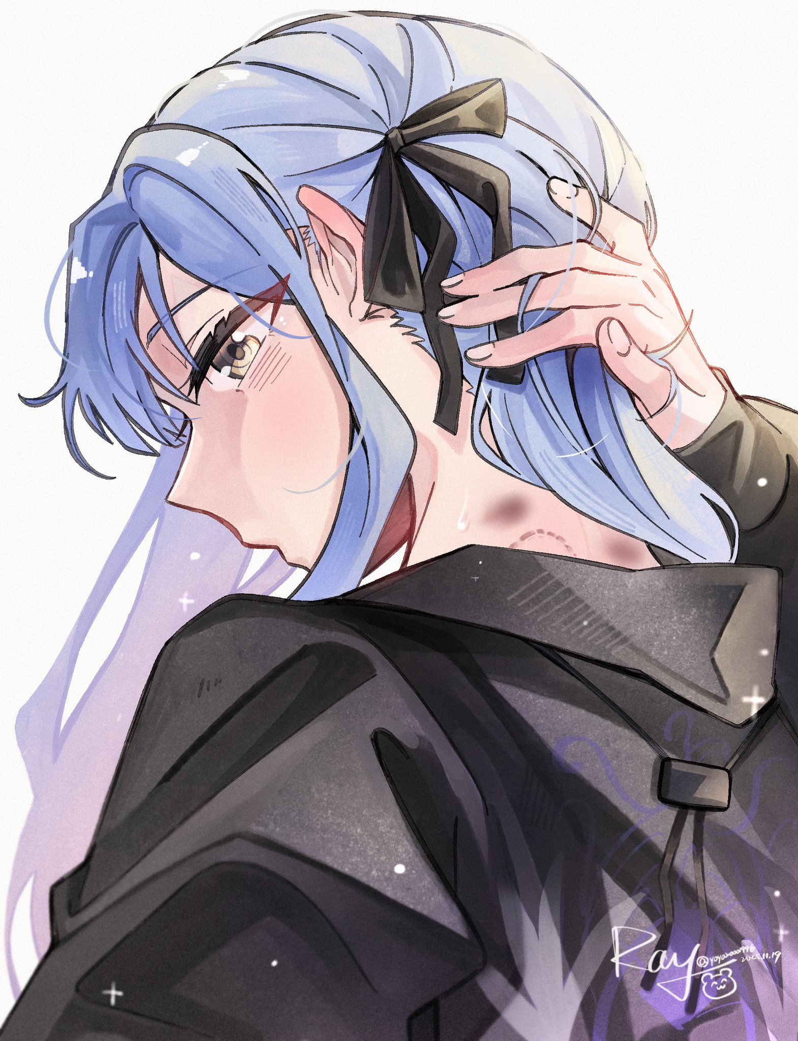 yoyoray20001996, togawa sakiko, bang dream!, bang dream! it's mygo!!!!!, chinese commentary, commentary request, highres, 1girl, bite mark, bite mark on neck, black ribbon, black shirt, blue hair, blush, hair ribbon, hickey, implied yuri, long hair, nape, ribbon, shirt, sidelocks, solo, upper body, yellow eyes