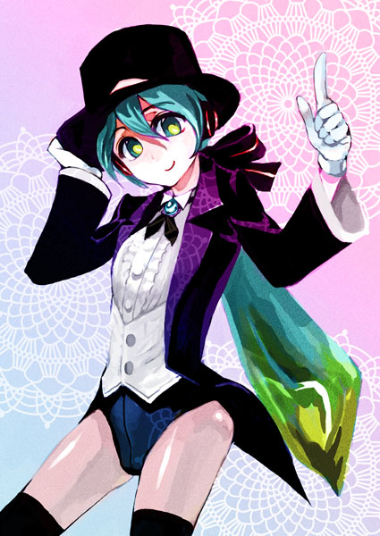 rokumen saikoro, hatsune miku, hatsune miku (magician), miracle paint (vocaloid), project diva, project diva (series), vocaloid, 1girl, aqua eyes, aqua hair, female focus, gloves, hair ribbon, hat, hat tip, headphones, jacket, long hair, magician, ponytail, ribbon, smile, solo, thighhighs, top hat