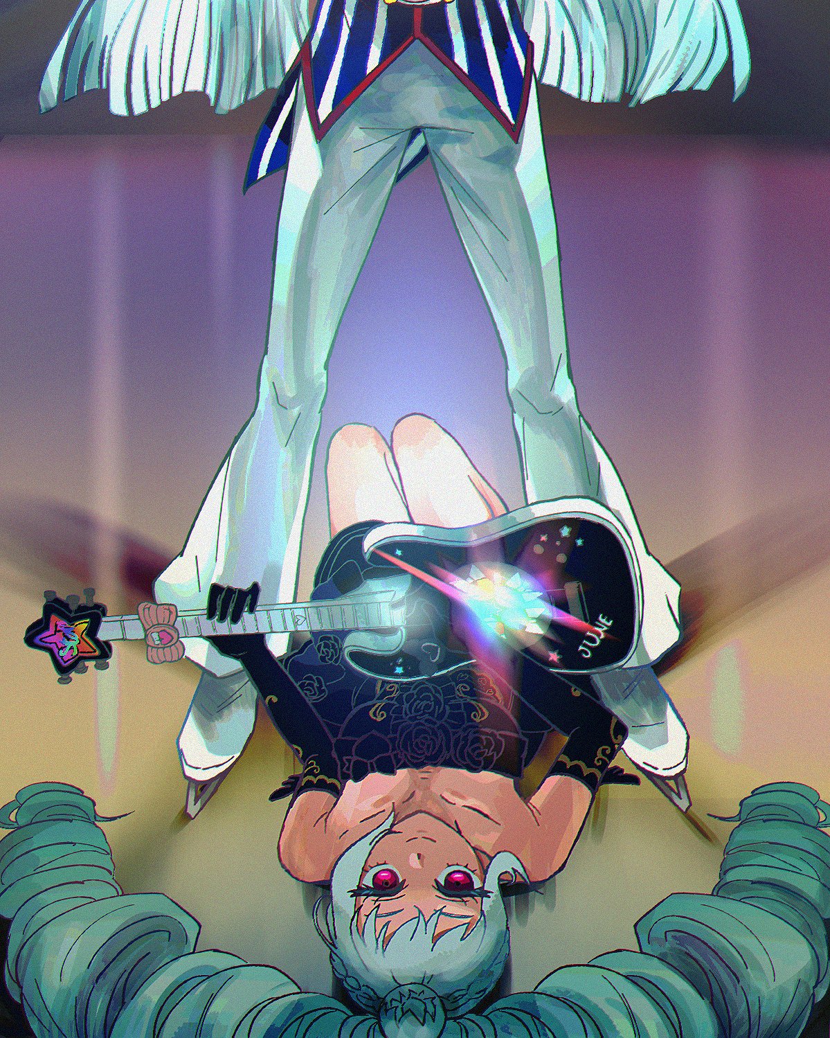 z12341231556, amou june, pretty rhythm, pretty rhythm rainbow live, pretty series, commentary, english commentary, highres, 1girl, between legs, black dress, black gloves, dress, drill hair, elbow gloves, gloves, glowing, grey hair, guitar, head out of frame, himuro hijiri, holding, holding guitar, holding instrument, ice skates, instrument, knees up, long hair, looking at viewer, looking back, lying, on back, on floor, pants, purple eyes, shoes, skates, smile, standing, twin drills, twintails, upside-down, white pants, white shoes