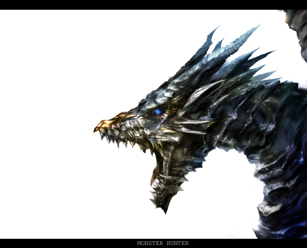 yatsude, kushala daora, capcom, monster hunter (series), dragon, from side, letterboxed, monster, no humans, profile, scales, sharp teeth, simple background, solo, spikes, teeth, white background