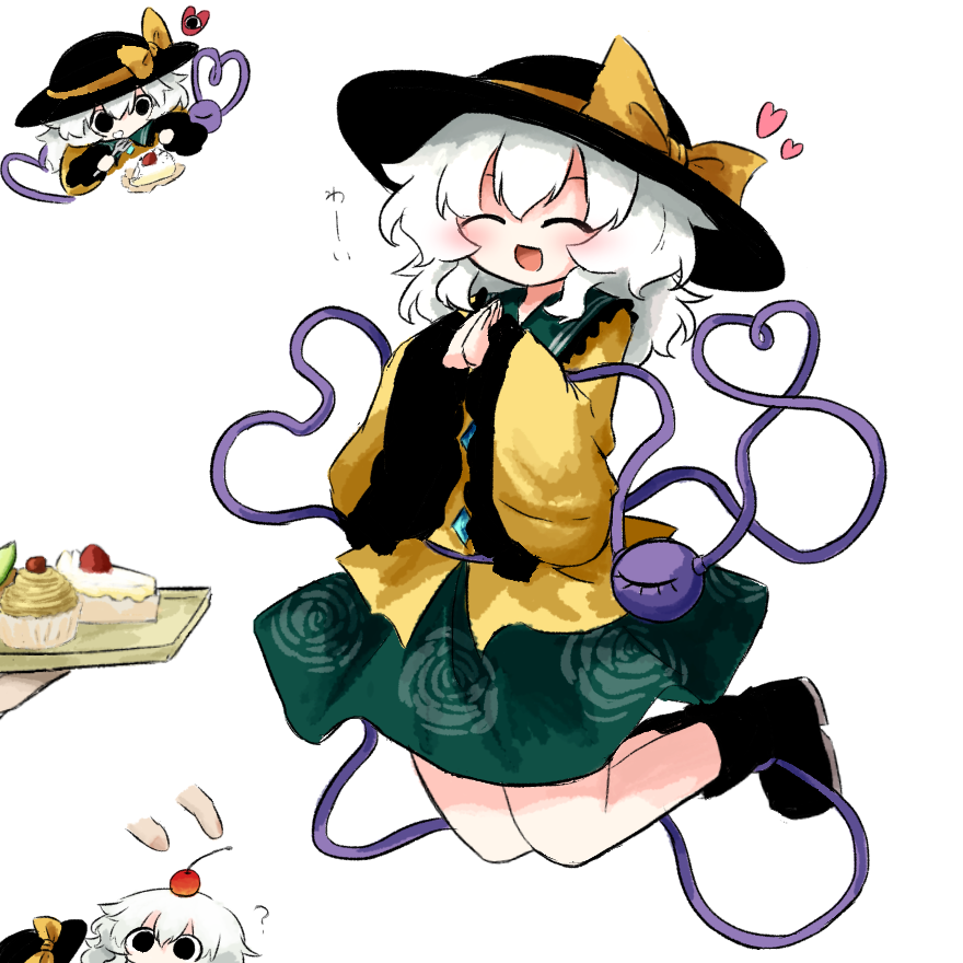 heripantomorrow, komeiji koishi, touhou, commentary request, 1girl, 1other, :d, ?, black boots, black eyes, black hat, blush, boots, bow, buttons, cake, cherry, chibi, chibi inset, closed eyes, collared shirt, cupcake, diamond button, disembodied finger, eating, floral print, floral print skirt, food, frilled shirt collar, frilled sleeves, frills, fruit, green skirt, grey hair, hat, hat bow, heart, heart of string, multiple views, open mouth, out of frame, own hands together, print skirt, rose print, shirt, simple background, skirt, smile, solo, third eye, white background, wide sleeves, yellow bow, yellow shirt