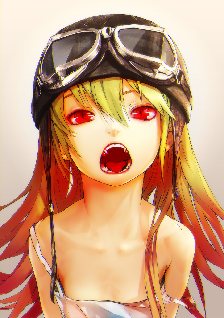 redjuice, oshino shinobu, bakemonogatari, monogatari (series), highres, md5 mismatch, resolution mismatch, source larger, 00s, 1girl, bare shoulders, blonde hair, chromatic aberration, collarbone, fang, fangs, female focus, flat chest, goggles, gradient hair, hat, helmet, long hair, multicolored hair, open mouth, raised eyebrow, red eyes, red hair, solo, strap slip, tank top, teeth, tongue, vampire