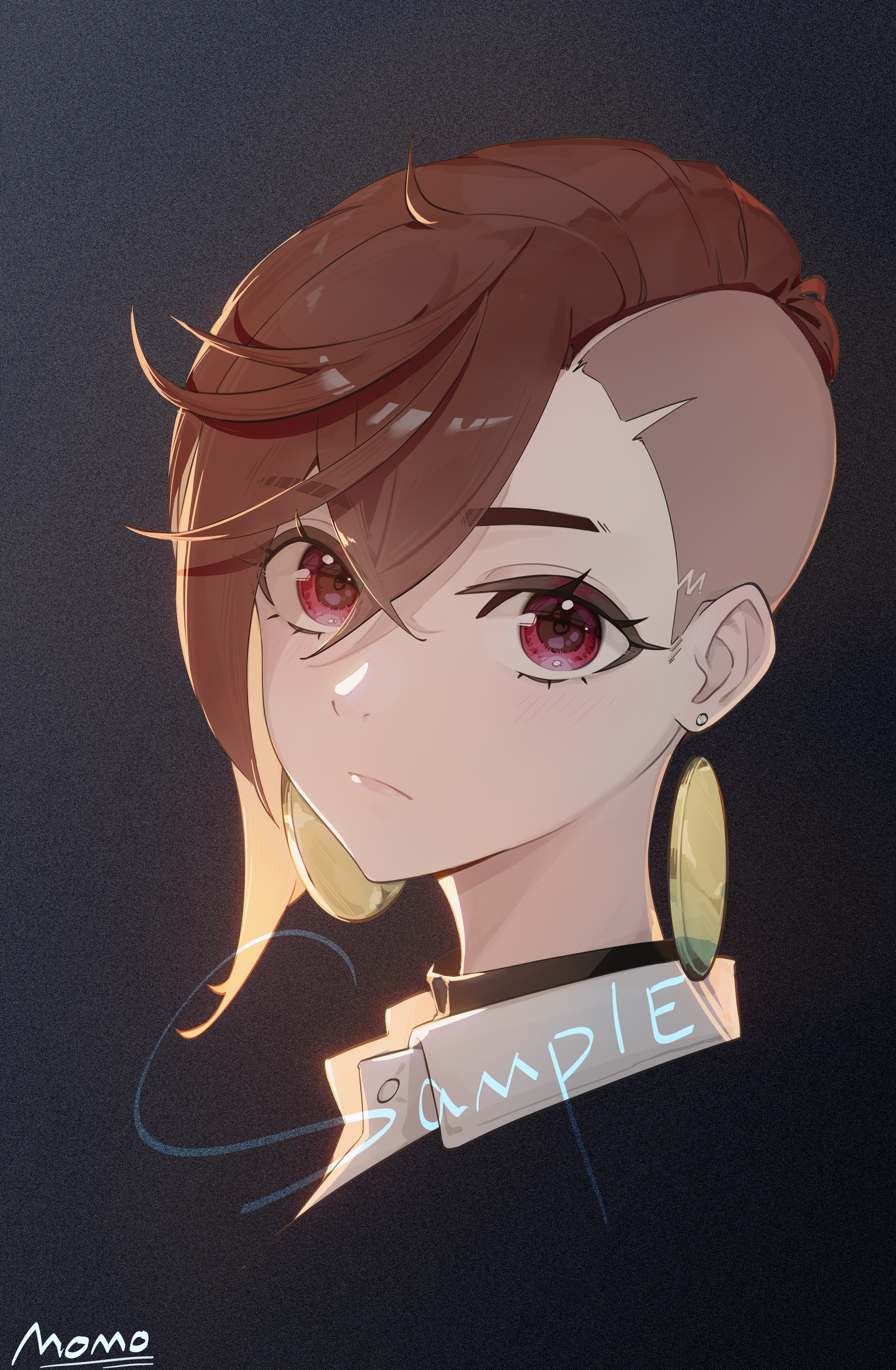 manzaak, ayase momo, dandadan, absurdres, commentary, commentary request, commission, english commentary, highres, mixed-language commentary, pixiv commission, 1girl, alternate hairstyle, asymmetrical hair, blush, brown hair, closed mouth, cropped head, earrings, eyelashes, jewelry, looking at viewer, red eyes, sample watermark, short hair, sidecut, signature, solo, undercut, watermark