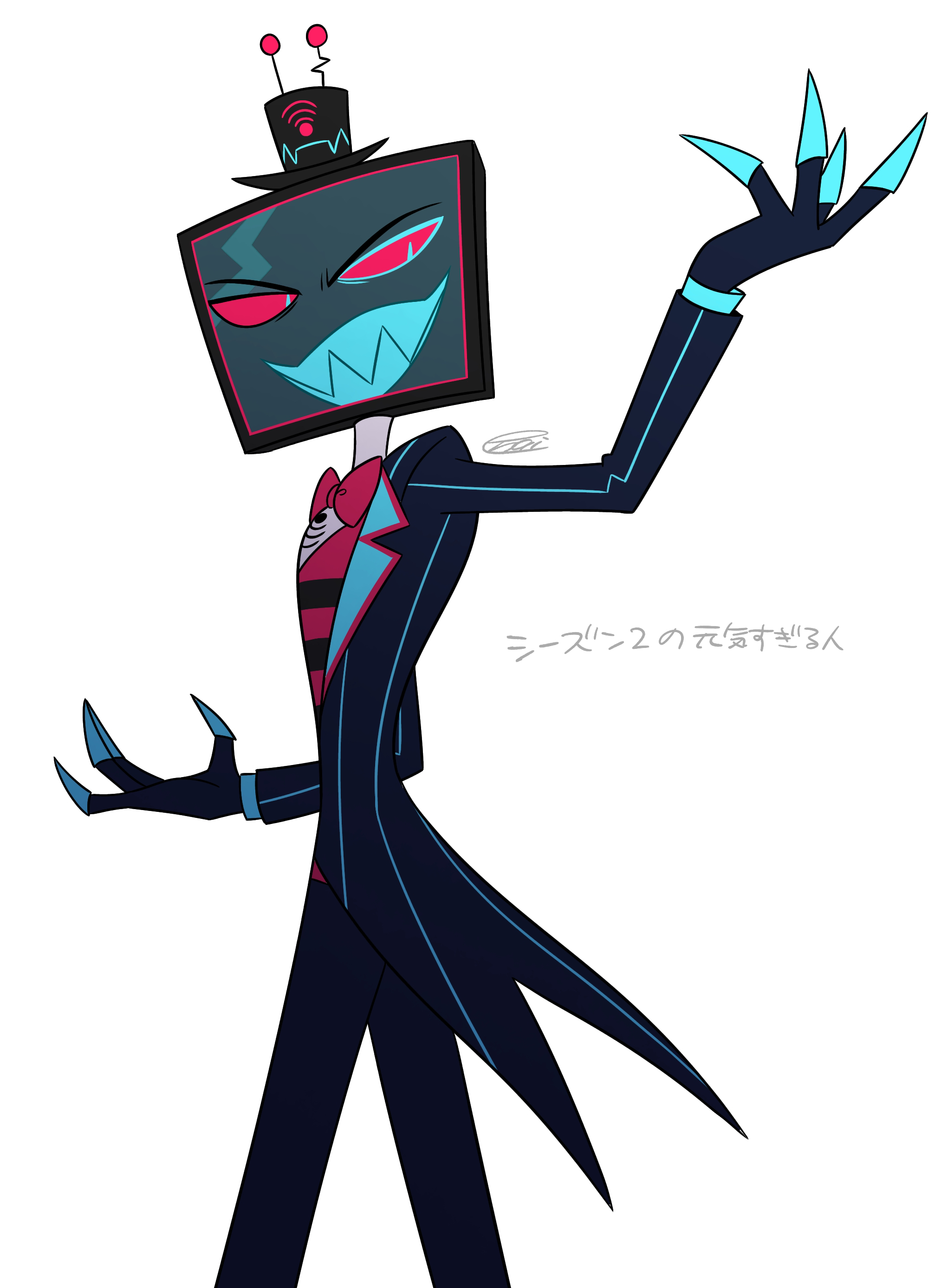 menma (enaic31), vox (hazbin hotel), hazbin hotel, hellaverse, absurdres, commentary request, highres, translation request, 1boy, :d, arm up, black coat, black hat, black pants, black vest, blue eyes, blue teeth, bow, bowtie, coat, colored sclera, colored teeth, cowboy shot, fewer digits, from behind, grin, hat, looking at viewer, looking back, male focus, object head, open clothes, open coat, open mouth, pants, pinstripe coat, red bow, red bowtie, red sclera, red vest, sharp teeth, shirt, signature, simple background, skinny, smile, solo, standing, striped clothes, striped vest, teeth, television, top hat, traditional bowtie, turtleneck, turtleneck shirt, two-tone vest, v-shaped eyebrows, vest, white background, white shirt, wi-fi symbol