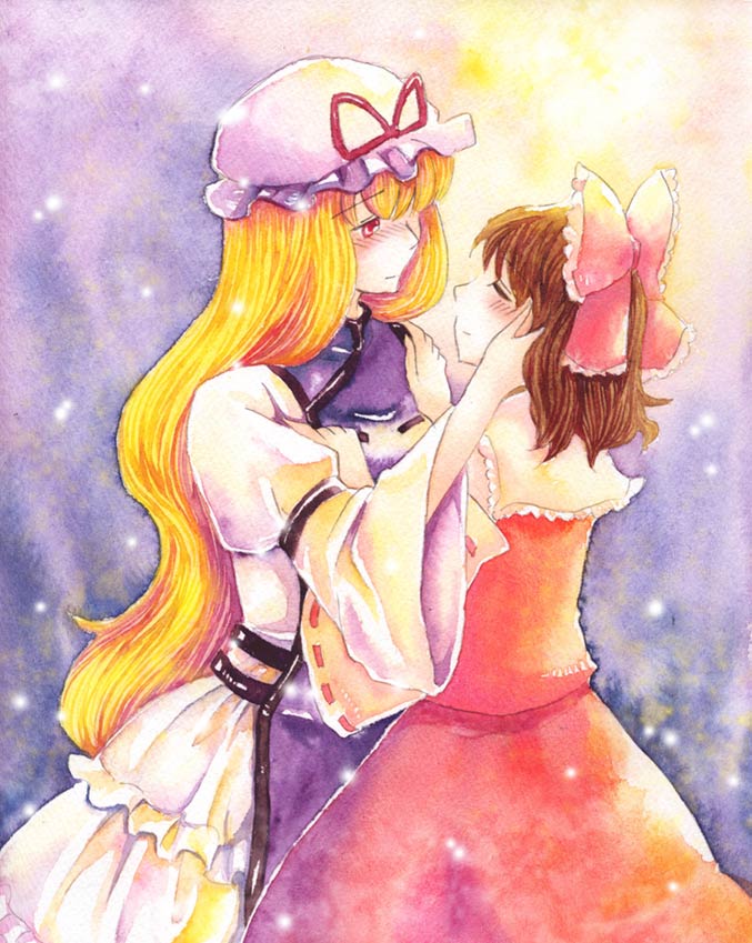 shiroaisa, hakurei reimu, yakumo yukari, touhou, painting (medium), traditional media, watercolor (medium), 2girls, blonde hair, bow, brown hair, detached sleeves, female focus, hair bow, hat, japanese clothes, long hair, miko, multiple girls, red eyes, short hair, yuri