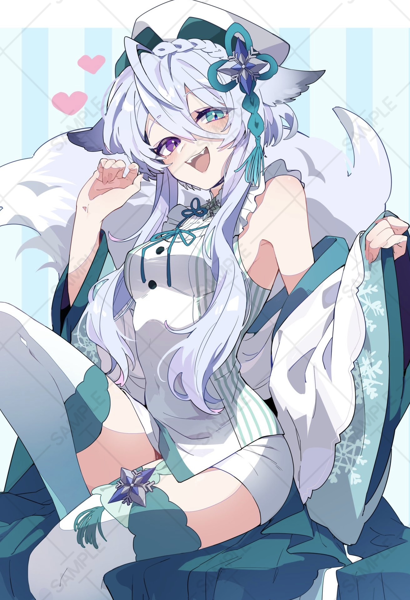 nekoma hikaru, yoizuki yukia, indie virtual youtuber, commentary request, highres, official art, 1girl, braid, breasts, fangs, green eyes, hat, heterochromia, knee up, looking at viewer, open mouth, purple eyes, sideboob, solo, thighhighs, virtual youtuber, white hat, wide sleeves