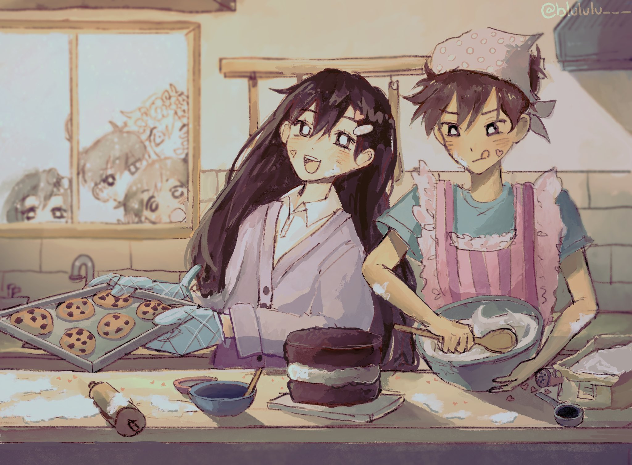 lulu (blululu), aubrey (faraway) (omori), aubrey (omori), basil (faraway) (omori), basil (omori), hero (faraway) (omori), hero (omori), kel (faraway) (omori), kel (omori), mari (faraway) (omori), mari (omori), sunny (omori), omori, commentary, english commentary, highres, 2girls, 4boys, alternate costume, baking sheet, blush, bowl, bright pupils, brother and sister, brothers, brown hair, cake, cardigan, closed mouth, collared shirt, dark-skinned male, dark skin, double-parted bangs, flower, food, hair between eyes, hair ornament, hairclip, head wreath, holding, holding bowl, holding spoon, holding tray, indoors, kitchen hood, long hair, long sleeves, looking at another, mixing bowl, multiple boys, multiple girls, open mouth, oven mitts, purple cardigan, rolling pin, shirt, short hair, siblings, smile, spoon, teeth, tongue, tongue out, tray, twitter username, upper teeth only, white pupils, white shirt, window