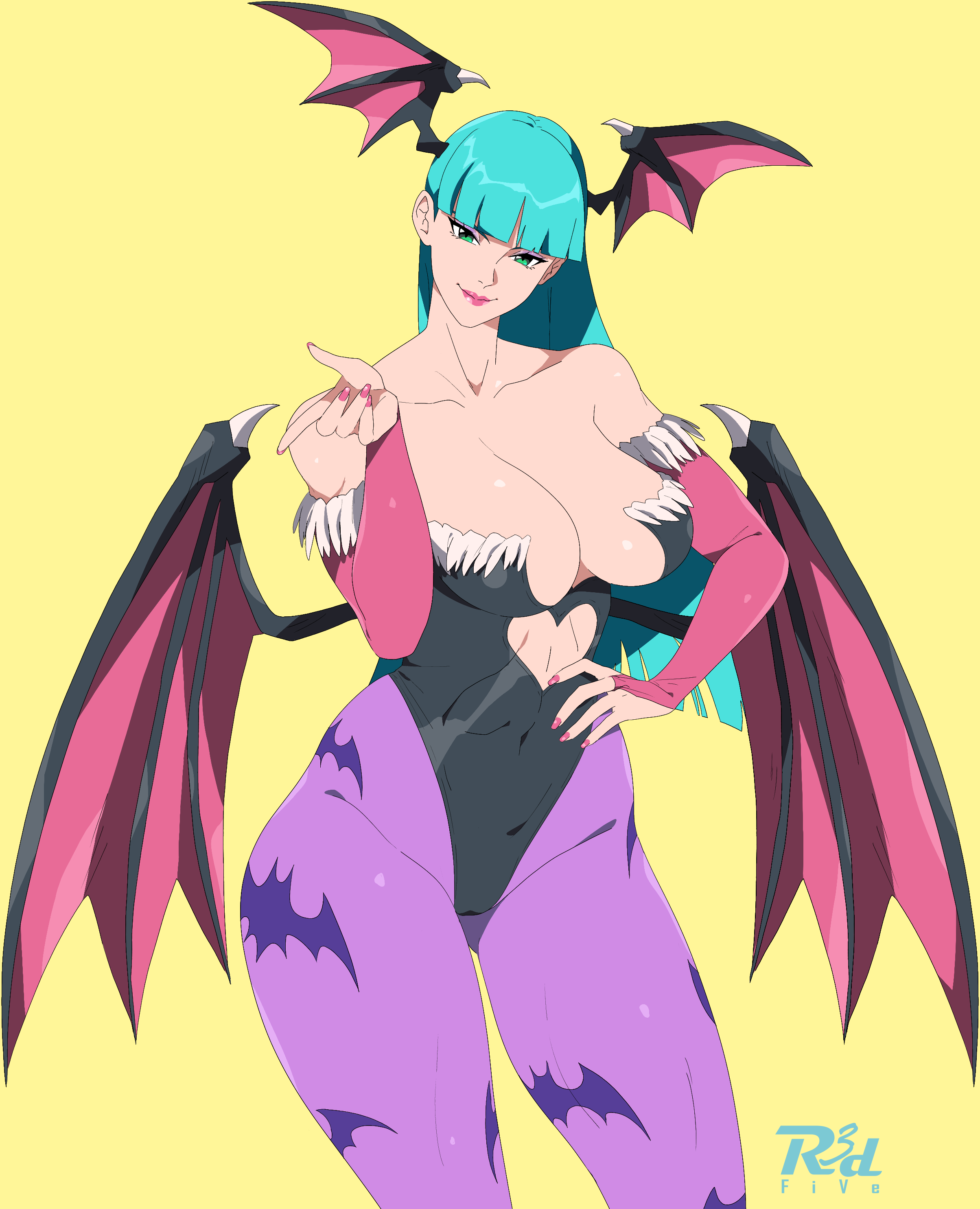 r3dfive, morrigan aensland, capcom, darkstalkers, absurdres, highres, 1girl, animal print, bare shoulders, bat print, black leotard, blunt bangs, breasts, cleavage, clothing cutout, collarbone, cowboy shot, demon girl, demon wings, green eyes, green hair, head wings, heart cutout, leotard, long hair, looking at viewer, pantyhose, pink nails, print pantyhose, purple pantyhose, smile, solo, strapless, strapless leotard, wings, yellow background