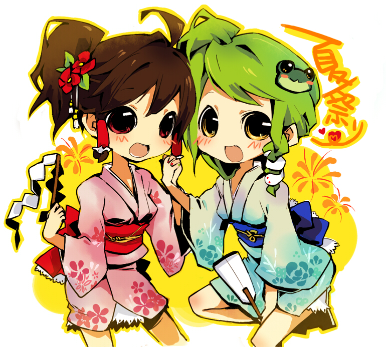 ch3, keien, methyl key, hakurei reimu, kochiya sanae, touhou, bad id, bad pixiv id, 2girls, blush, brown hair, female focus, flower, frog, gohei, green hair, hair flower, hair ornament, japanese clothes, kimono, multiple girls, red eyes, short hair, snake, yellow eyes