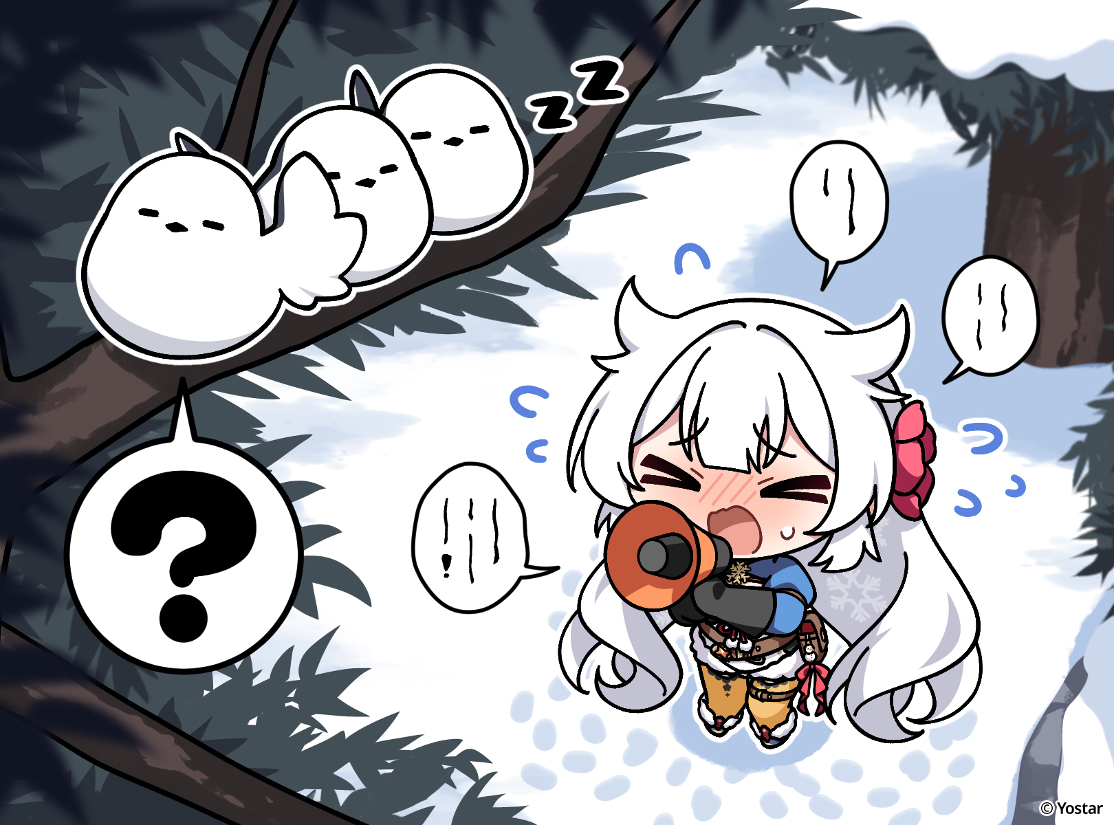 fuyuka (stella sora), stella sora, commentary, english commentary, highres, official art, > <, 1girl, ?, bird, black gloves, blue shrug, chibi, chibi only, closed eyes, double-parted bangs, failure, flower, flying sweatdrops, footprints, gloves, hair flower, hair ornament, holding, holding megaphone, in tree, megaphone, open mouth, outdoors, pantyhose, pink flower, raised inner eyebrows, shrug (clothing), sleeping animal, snow, solo, speech bubble, spoken question mark, standing, tree, white hair, yellow pantyhose, zzz