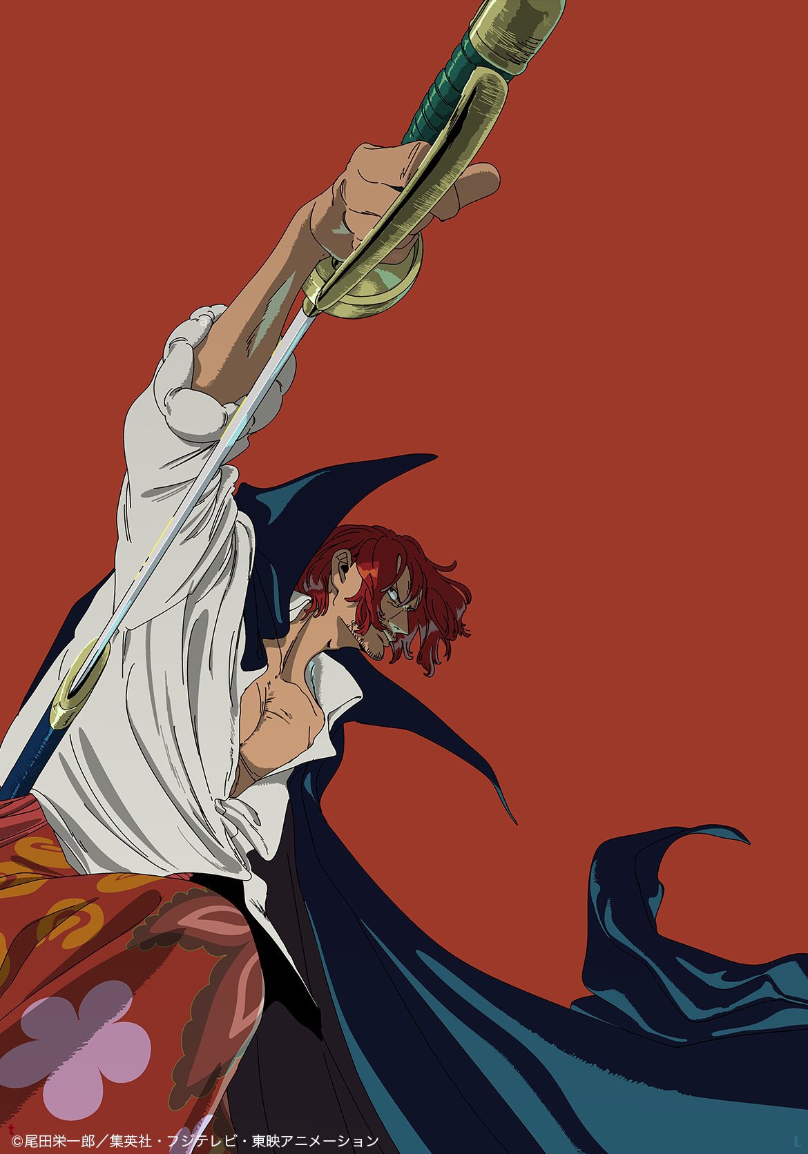 shanks (one piece), one piece, absurdres, artist request, highres, official art, source request, 1boy, arm up, beard stubble, black cape, cape, collared shirt, facial hair, holding, holding sword, holding weapon, pectorals, red background, red eyes, red hair, scar, scar across eye, scar on face, serious, shirt, simple background, solo, stubble, sword, weapon, white shirt