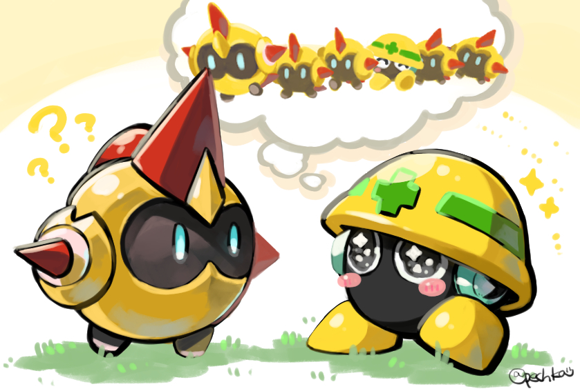 pechka, falinks, met (mega man), mega man (series), nintendo, pokemon, commentary request, ?, ??, blue eyes, blush stickers, crossover, full body, gen 8 pokemon, helmet, no humans, pokemon (creature), sparkle, sparkling eyes, speech bubble, thought bubble, trait connection, twitter username, yellow helmet