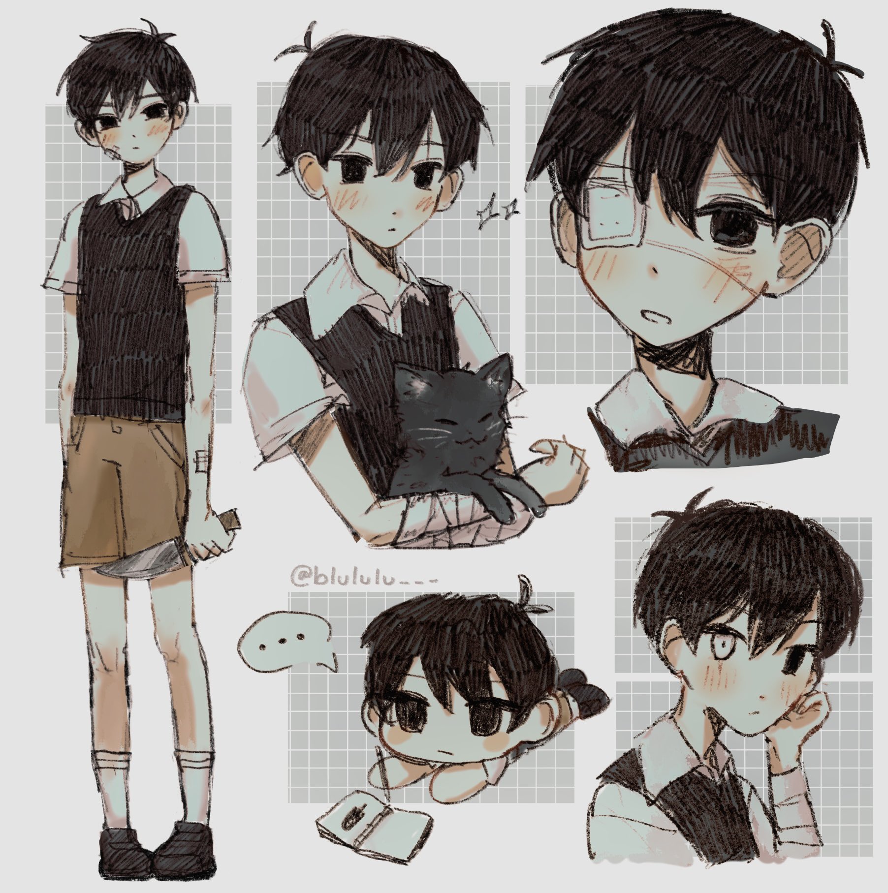 lulu (blululu), mewo, something (omori), sunny (omori), omori, commentary, english commentary, highres, spoilers, …, 1boy, animal, antenna hair, bandaged arm, bandages, black eyes, black hair, black shoes, black sweater vest, blush, brown shorts, cat, chibi, closed mouth, collared shirt, double-parted bangs, expressionless, eyepatch, hair between eyes, heterochromia, holding, holding animal, holding cat, holding pencil, loafers, looking at viewer, male focus, parted lips, pencil, scar, scar across eye, scar on face, shirt, shoes, short hair, short sleeves, shorts, sketchbook, socks, solo, speech bubble, spoken ellipsis, sweater vest, twitter username, white eyes, white shirt, white socks