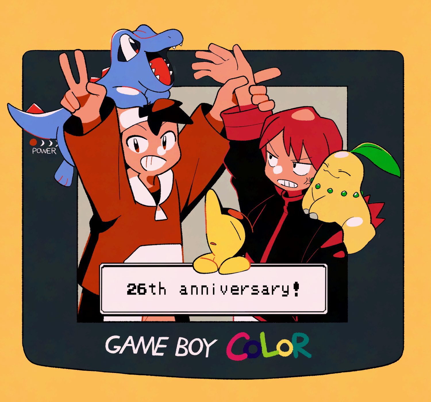 tyako 089, chikorita, cyndaquil, ethan (pokemon), silver (pokemon), totodile, nintendo, pokemon, pokemon gsc, commentary request, highres, 2boys, arms up, black hair, game boy, game boy color, gen 2 pokemon, handheld game console, hat, jacket, multiple boys, red hair, smile, teeth, v