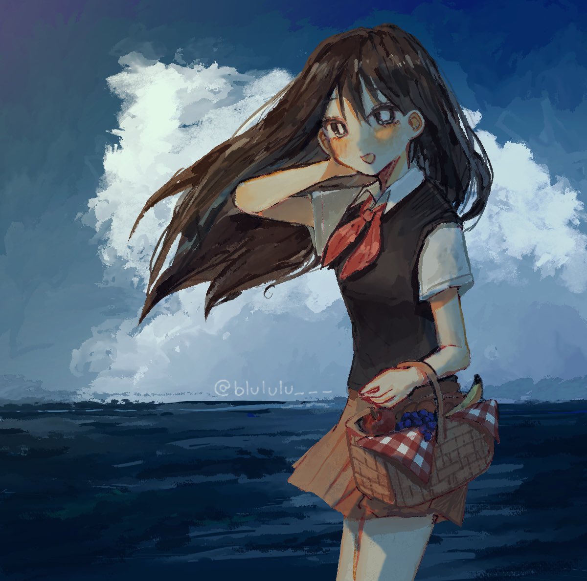 lulu (blululu), mari (faraway) (omori), mari (omori), omori, hashtag-only commentary, 1girl, apple, arm behind head, arm up, banana, black eyes, black hair, black sweater vest, blue sky, blush, bright pupils, cloud, collared shirt, day, food, fruit, grapes, hair between eyes, holding picnic basket, long hair, looking at viewer, neckerchief, open mouth, outdoors, picnic basket, pleated skirt, red neckerchief, red skirt, shirt, short sleeves, skirt, sky, smile, solo, sweater vest, water, white pupils, white shirt