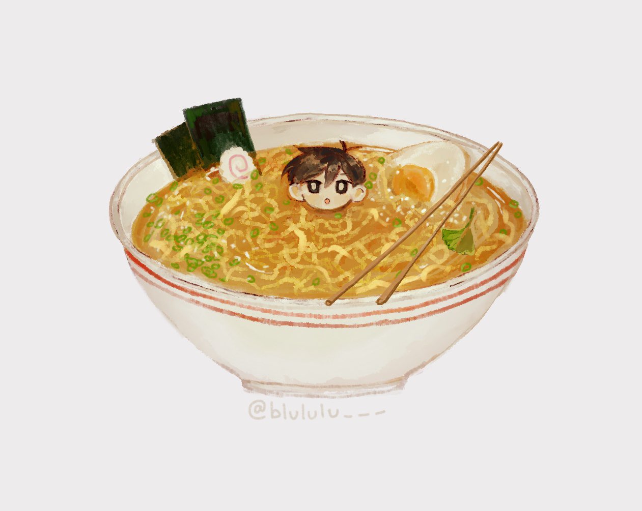 lulu (blululu), sunny (omori), omori, food request, 1boy, antenna hair, black eyes, black hair, bright pupils, chopsticks, double-parted bangs, food, fried egg, hair between eyes, looking at viewer, male focus, mini person, miniboy, noodles, open mouth, short hair, simple background, solo, twitter username, white background, white pupils