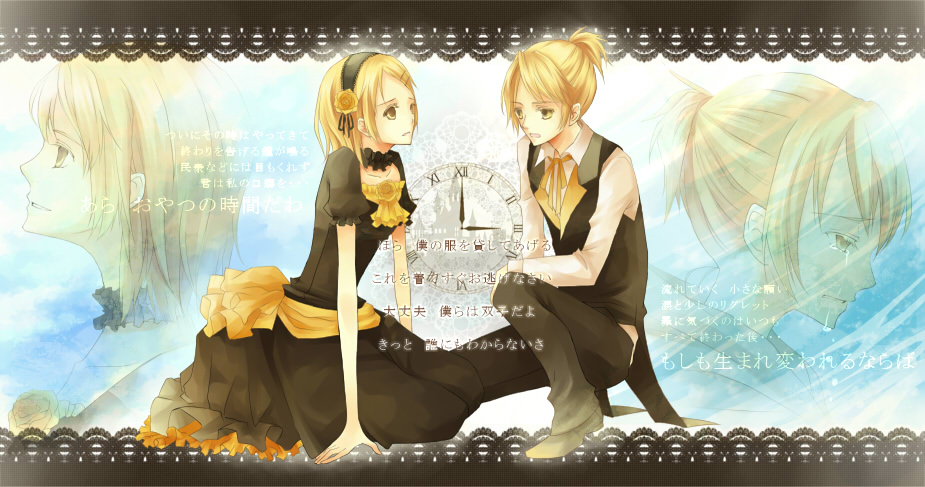ria (pixiv251058), kagamine len, kagamine rin, riliane lucifen d'autriche, aku no musume (vocaloid), evillious nendaiki, vocaloid, bad id, bad pixiv id, 1boy, 1girl, black dress, blonde hair, brother and sister, dress, flower, hair ornament, hairband, hairclip, headband, lolita hairband, rose, short hair, siblings, twins, yellow eyes